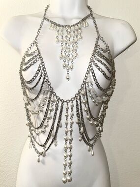 Faux Pearl Body Chain Harness Silver Tone Gothic Coquette Festival Statement